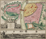 Prag - kolorierter Stadtplan mit Vedute [Matthäus Seutter (1678-1757)]