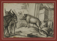 Hof mit Eseln und Schweinen [Wenceslaus Hollar (1607-1677) Francis Barlow (1626-1702)]